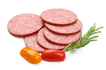 Salami Slices with herbs and tomatoes, isolated on a white background. Close-up