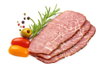 Jerked Striploin Marble Meat with herbs, spices and tomatoes, isolated on a white background. Close-up