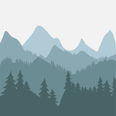 Mountains and forest landscape. Panoramic view of the mountain landscape. Mountain landscape on the background, hills skyline. Vector illustration.