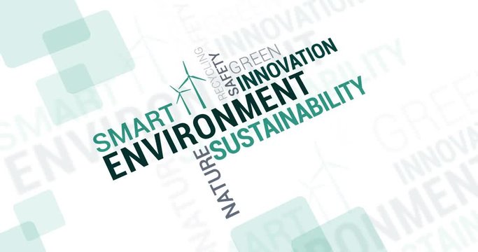 Environment, innovation and sustainability tag cloud with words and icons