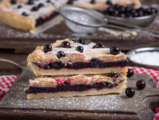  black currant cake and powdered with icing sugar, close up