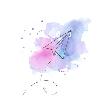 Paper Plane Watercolor Splash Painting Message Cartoon