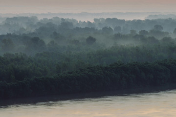 Mystical view on riverbank of large island with forest under haze at early morning. Mist among layers from tree silhouettes under predawn sky. Morning calm atmospheric landscape of majestic nature.