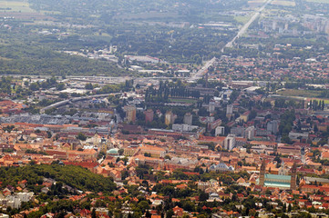 A bird's eye view of the historic center. The city of Pécs in the southern part of Hungary.