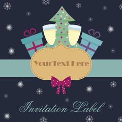 Vector New Year card template. New Year card greeting made with presents, ribbons, glasses of champagne and snowflakes on a dark blue background