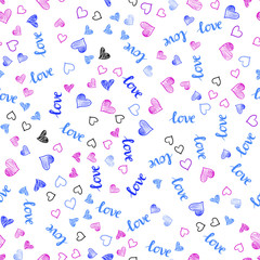 Fototapeta na wymiar Light Pink, Blue vector seamless template with text LOVE YOU, hearts.