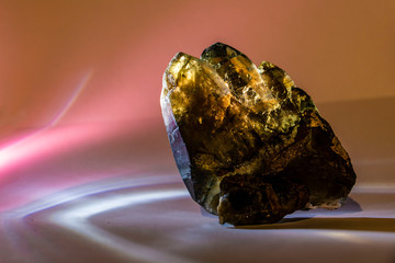 A druse of smoky quartz with epidote, crystal, stone