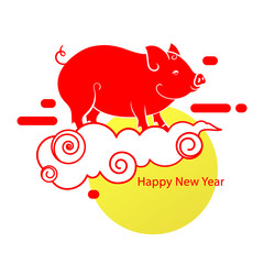 Red pig on a cloud. Symbol of the new year 2019. Festive design element for greeting cards, calendars, web sites, banners. Chinese horoscope, zodiac sign. Vector illustration.
