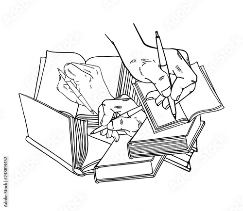Vector Concept With Open Books And Hands Holding Pen Writing