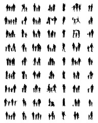 Black silhouettes of families in walking on white background