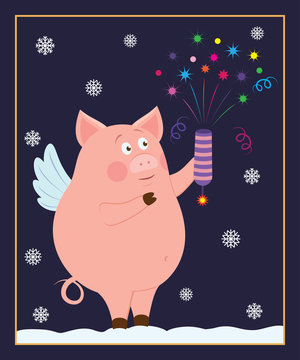 Vector card template. Illustration of small funny piggy for New Year holidays. Almost all elements can be changed  