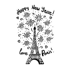 Fototapeta na wymiar Happy New Year in Paris Card. Vector illustration black ink Eiffel Tower with salute