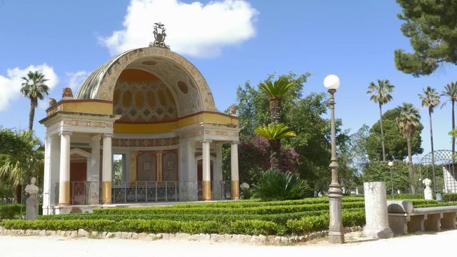 Beautiful building in Villa Giulia public park in Palermo, Sicily, Italy. The building is one of four exedra, designed by Giuseppe Damiani Almeyda and intended to be used for musical performances.