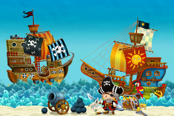 Cartoon scene of beach near the sea or ocean - pirate captain on the shore and treasure chest - pirate ships - illustration for children
