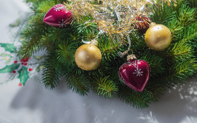 Merry Christmas and Happy New Year. Background with  napkin and New Year's  decorations.