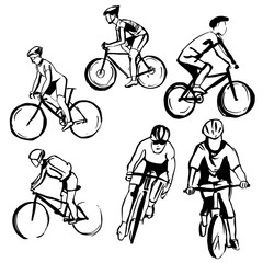 Obraz premium Hand drawn cyclists . Vector sketch illustration.