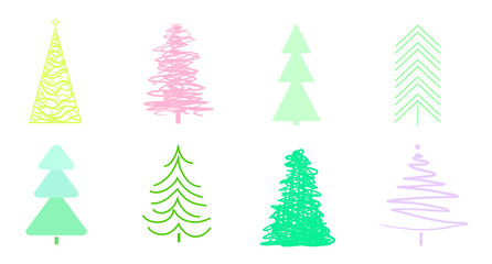 Colorful christmas trees on white. Set for design on isolated background. Geometric art. Objects for polygraphy, posters, t-shirts and textiles. Colored illustration