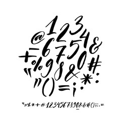Collection of hand drawn numbers and orthographic symbols. Modern brush calligraphy.