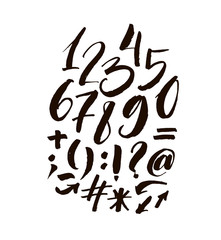 Collection of hand drawn numbers and orthographic symbols. Modern brush calligraphy.