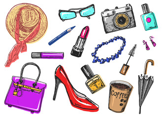 Women s accessories cosmetics. Vintage style. Hand drawn doodle hat, shoes and makeup tools. Set of Patch and Pins.