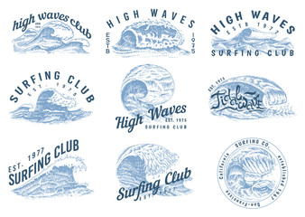 Wave labels, logos. Set of Atlantic tide Templates. Vintage old engraved hand drawn. Marine and nautical or sea, ocean background for banner or poster. set of Isolated vector illustration. © artbalitskiy