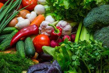 Fresh vegetables background close-up of tomatoes, cucumbers, onions, mushrooms 