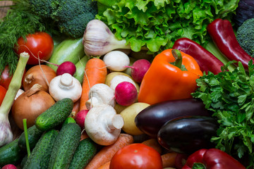 Fresh vegetables background close-up of tomatoes, cucumbers, onions, mushrooms 