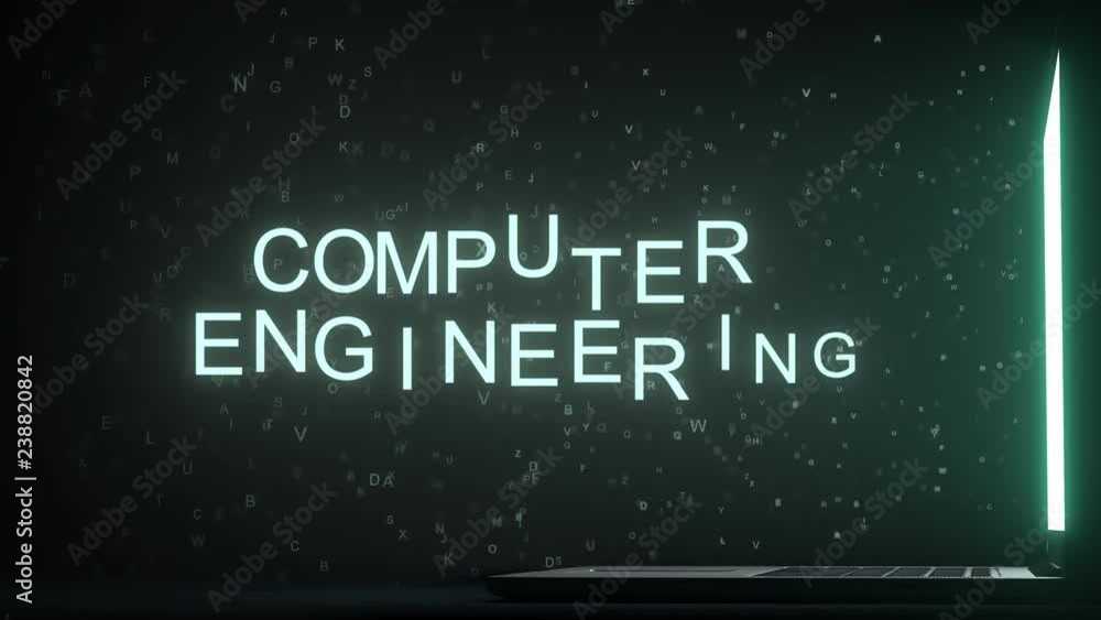 Poster computer engineering text appearing near laptop screen. conceptual 3d animation