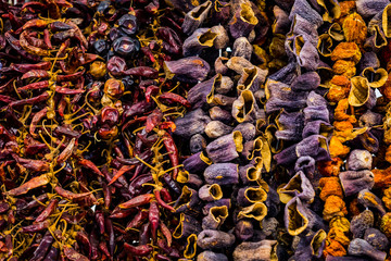Background of dried vegetables eggplant garlic pepper.