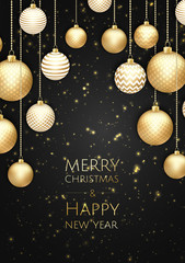 Merry Christmas and Happy New Year. Xmas background with gift box, Snowflakes and balls design.