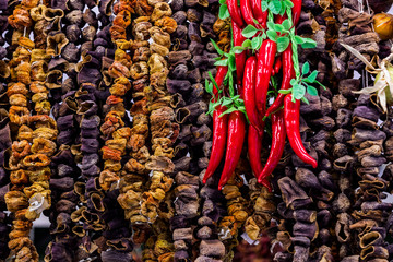 Background of dried vegetables eggplant garlic pepper.