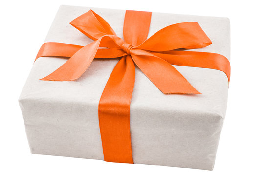 Gift Box With Orange Ribbon Bow Isolated On White Background