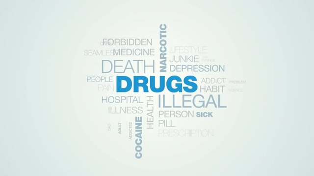 drugs illegal death narcotic asocial word cloud apear on the white blue gradient background, also used animated overdose injection addiction heroin word as background in uhd 4k 3840 2160