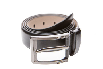 leather men's belt with steel buckle, twisted ring, on a white background