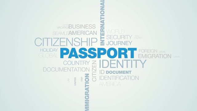passport identity citizenship international border word cloud apear on the white blue gradient background, also used animated official airport legal departure word as background in uhd 4k 3840 2160