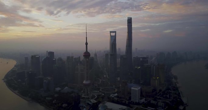 Tranquil aerial shot of the Shanghai skyline in an area known as The Bund