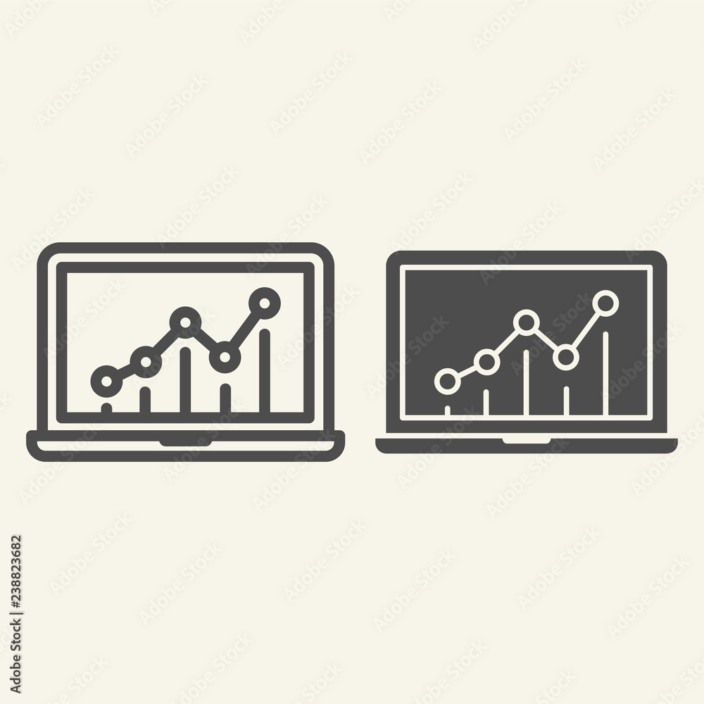 Poster chart on laptop line and glyph icon. graph on monitor vector illustration isolated on white. noteboo