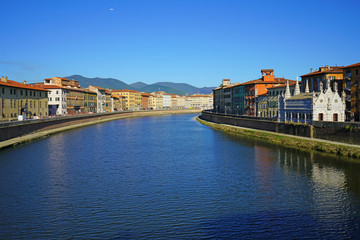 View of the Chiesa Santa Maria della Spina, a Pisan Gothic church located by the Arno River in Pisa, Tuscany, Central Italy