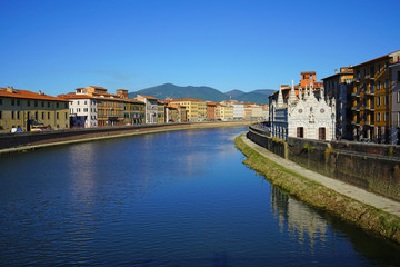 View of the Chiesa Santa Maria della Spina, a Pisan Gothic church located by the Arno River in Pisa, Tuscany, Central Italy