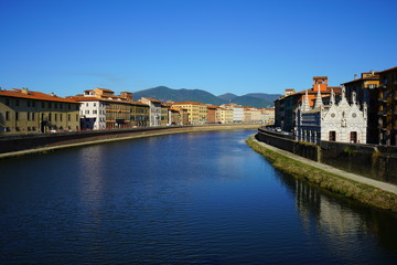 View of the Chiesa Santa Maria della Spina, a Pisan Gothic church located by the Arno River in Pisa, Tuscany, Central Italy