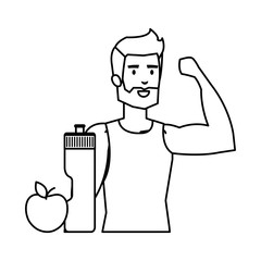 athletic man with apple and water bottle