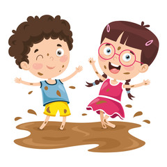 Vector Illustration Of A Kid Playing In Mud