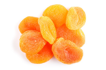 Pile of dried apricots isolated on white background.