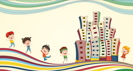 Vector Illustration Of Children Playing At City