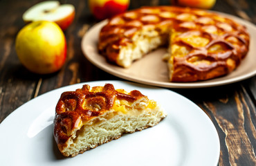 Fresh baked organic classic American apple pie with raisins, lying next to fruits, ingredients on wooden table. Country style