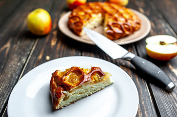 Fresh baked organic classic American apple pie with raisins, lying next to fruits, ingredients on wooden table. Country style