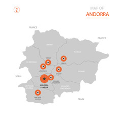 Stylized vector Andorra map showing big cities, capital Andorra la Vella, administrative divisions.