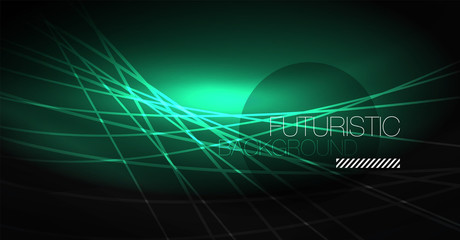 Digital technology abstract background - neon geometric design. Abstract glowing lines. Colorful techno background. Futuristic shape.