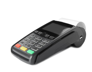 New modern payment terminal on white background