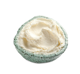 Bowl of tasty cream cheese on white background